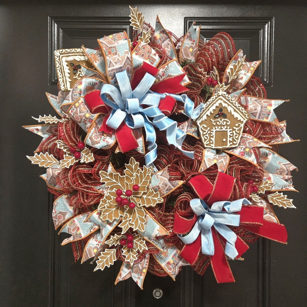 Festive Gingerbread House And Ponsettia Holiday Door Wreath